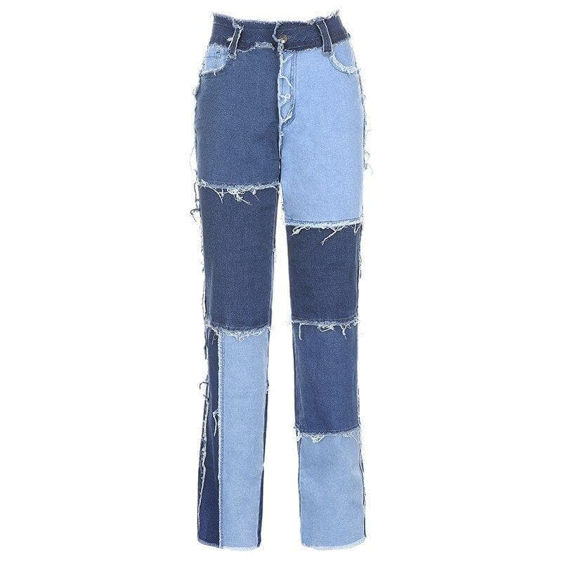 Heritage Thrift Patchwork Contast Color Hip Hop Trousers Women High Waist Street Wear Tassel Jeans Casual Denim Pants - Premium Women jeans from eprolo - Just $29.99! Shop now at Handbags Specialist Headquarter