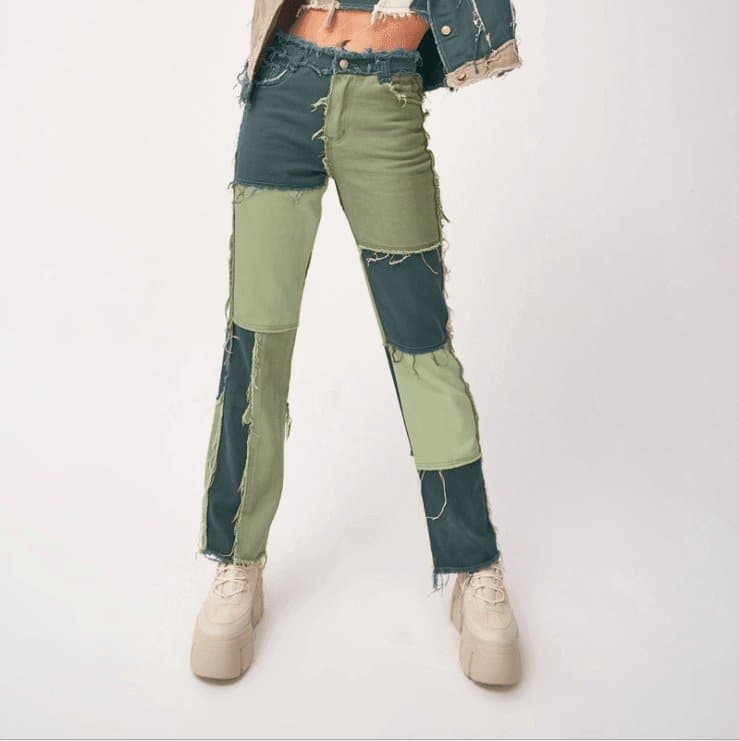 Heritage Thrift Patchwork Contast Color Hip Hop Trousers Women High Waist Street Wear Tassel Jeans Casual Denim Pants - Premium Women jeans from eprolo - Just $29.99! Shop now at Handbags Specialist Headquarter