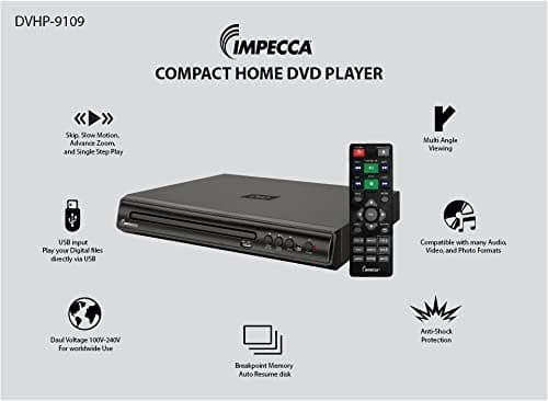 Impecca DVHP9109 Compact DVD Player for TV w/USB Input/AV, Multi-Region, AV Cables and Remote Control Included, Supported Built-in PAL/NTSC System, - Premium DVD AND BLU-RAY PLAYERS from Visit the Impecca Store - Just $34.99! Shop now at Handbags Specialist Headquarter