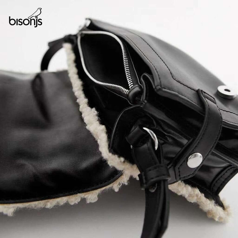 Jumbo Capacity Totes Handbag Black Pu Leather Shoulder Messenger Sheep Fur Bag - Premium WOMEN'S Handbags from eprolo - Just $39.99! Shop now at Handbags Specialist Headquarter