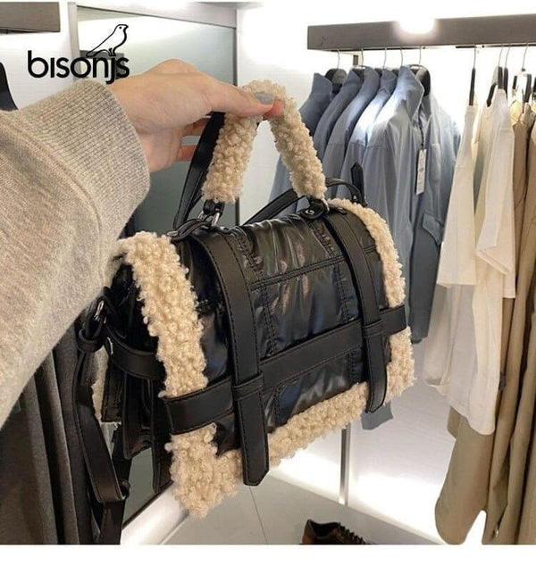 Jumbo Capacity Totes Handbag Black Pu Leather Shoulder Messenger Sheep Fur Bag - Premium WOMEN'S Handbags from eprolo - Just $39.99! Shop now at Handbags Specialist Headquarter