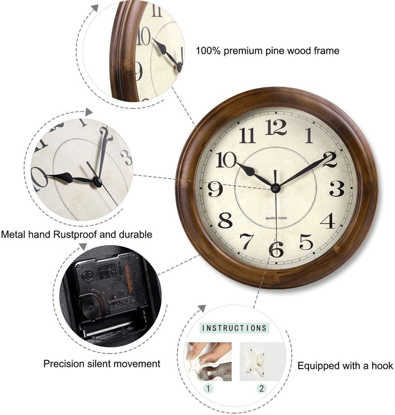 Kesin Wall Clock Wood 14 Inch Silent Wall Clock Large Decorative Battery Operated Non Ticking Analog Retro Clock for Living Room, Kitchen, Bedroom - Premium  from Kesin - Just $62.34! Shop now at Handbags Specialist Headquarter