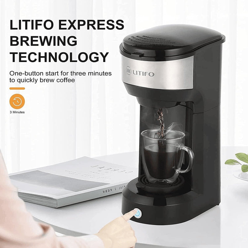 LITIFO Single Serve Coffee Maker for Ground Coffee, Tea & K Cup Pod, 2-In-1 Small Coffee Machine with 6 to 14Oz Reservoir, One-Button Fast Brew, Auto Shut-Off & Self Cleaning Function (Black) - Premium  from LITIFO - Just $67.77! Shop now at Handbags Specialist Headquarter