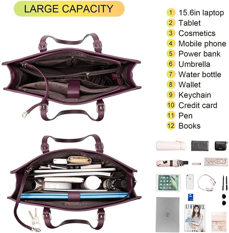 LOVEVOOK Laptop Bag for Women, Fashion Computer Tote Bag Large Capacity Handbag, Leather Shoulder Bag Purse, Professional Business Work Briefcase for Office Lady, 2Pcs, 15.6-Inch, Deep Plum - Premium  from LOVEVOOK - Just $52.92! Shop now at Handbags Specialist Headquarter
