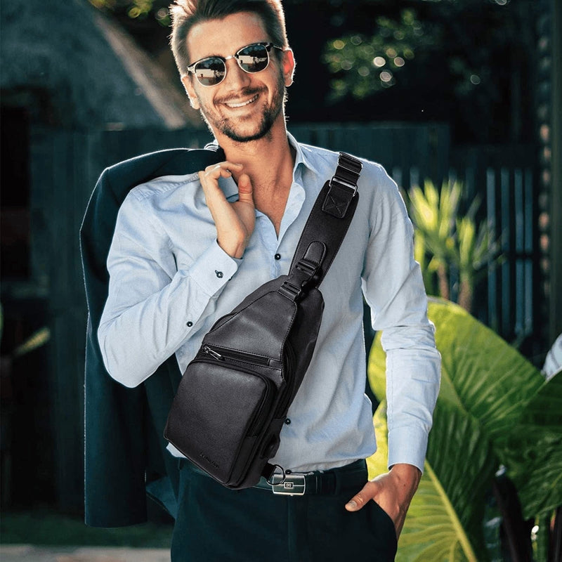Men Leather Sling Bag Purse Waterproof Crossbody Chest Bag Sling Backpack with USB Charging Port One Shoulder Bag Black - Premium  from Seoky Rop - Just $54.27! Shop now at Handbags Specialist Headquarter