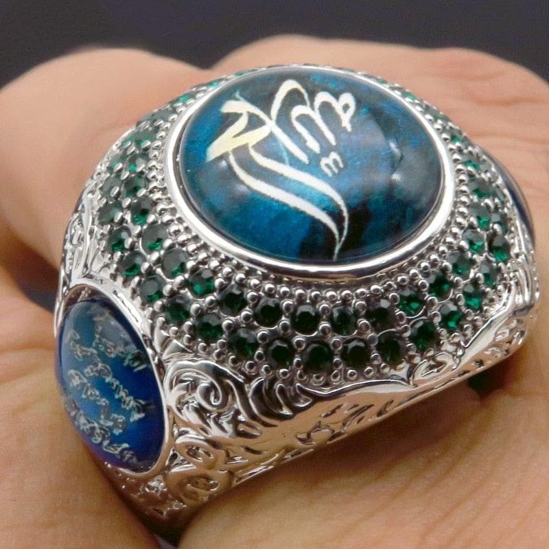 Men's Jewelry Muslim Arabic God Message Finger Ring Luxury Big Round Green Blue Stone Championship Rings Best Quality Z3X808 - Premium Men Rings from eprolo - Just $23.99! Shop now at Handbags Specialist Headquarter
