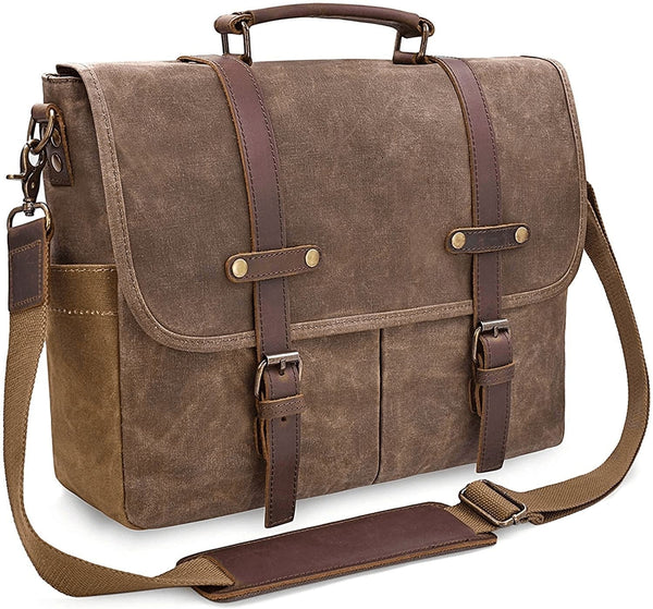 Mens Messenger Bag 15.6 Inch Waterproof Vintage Genuine Leather Waxed Canvas Briefcase Large Satchel Shoulder Bag Rugged Leather Computer Laptop Bag, Brown - Premium  from NEWHEY - Just $84.63! Shop now at Handbags Specialist Headquarter