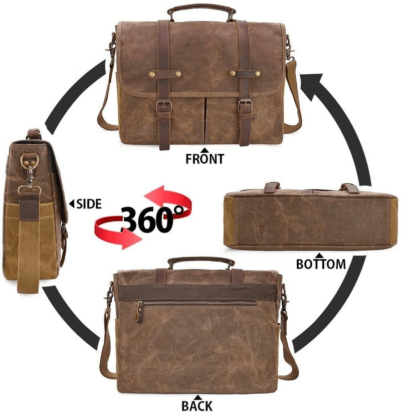 Mens Messenger Bag 15.6 Inch Waterproof Vintage Genuine Leather Waxed Canvas Briefcase Large Satchel Shoulder Bag Rugged Leather Computer Laptop Bag, Brown - Premium  from NEWHEY - Just $89.69! Shop now at Handbags Specialist Headquarter