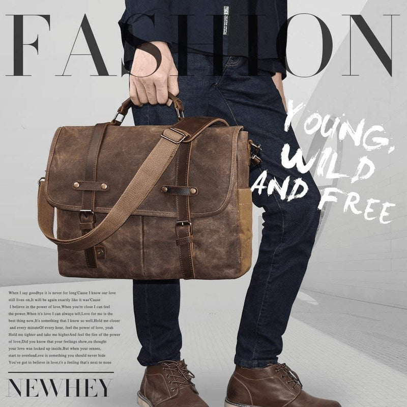 Mens Messenger Bag 15.6 Inch Waterproof Vintage Genuine Leather Waxed Canvas Briefcase Large Satchel Shoulder Bag Rugged Leather Computer Laptop Bag with Leather Portfolio, Brown Coffee - Premium  from NEWHEY - Just $111.61! Shop now at Handbags Specialist Headquarter