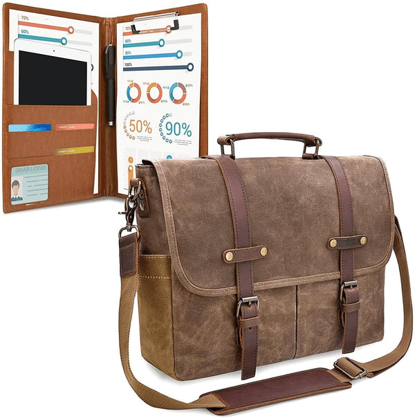 Mens Messenger Bag 15.6 Inch Waterproof Vintage Genuine Leather Waxed Canvas Briefcase Large Satchel Shoulder Bag Rugged Leather Computer Laptop Bag with Leather Portfolio, Brown Coffee - Premium  from NEWHEY - Just $111.61! Shop now at Handbags Specialist Headquarter