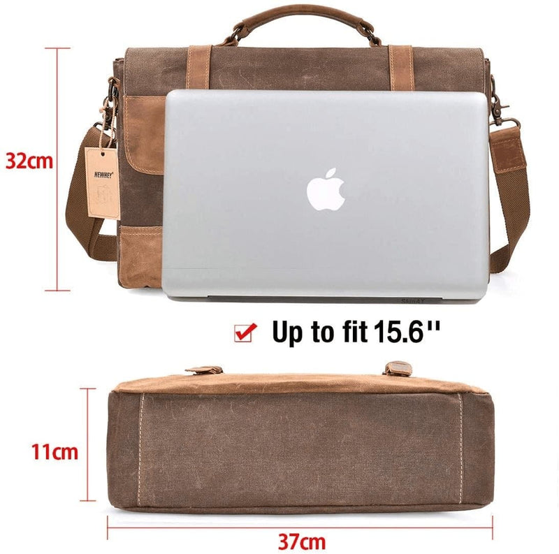 Mens Messenger Bag 15.6 Inch Waterproof Vintage Genuine Leather Waxed Canvas Briefcase Large Satchel Shoulder Bag Rugged Leather Computer Laptop Book Bag Brown - Premium  from NEWHEY - Just $89.69! Shop now at Handbags Specialist Headquarter