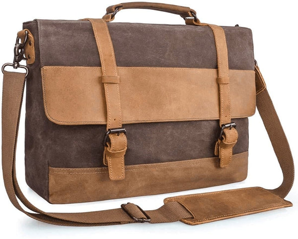 Mens Messenger Bag 15.6 Inch Waterproof Vintage Genuine Leather Waxed Canvas Briefcase Large Satchel Shoulder Bag Rugged Leather Computer Laptop Book Bag Brown - Premium  from NEWHEY - Just $89.69! Shop now at Handbags Specialist Headquarter