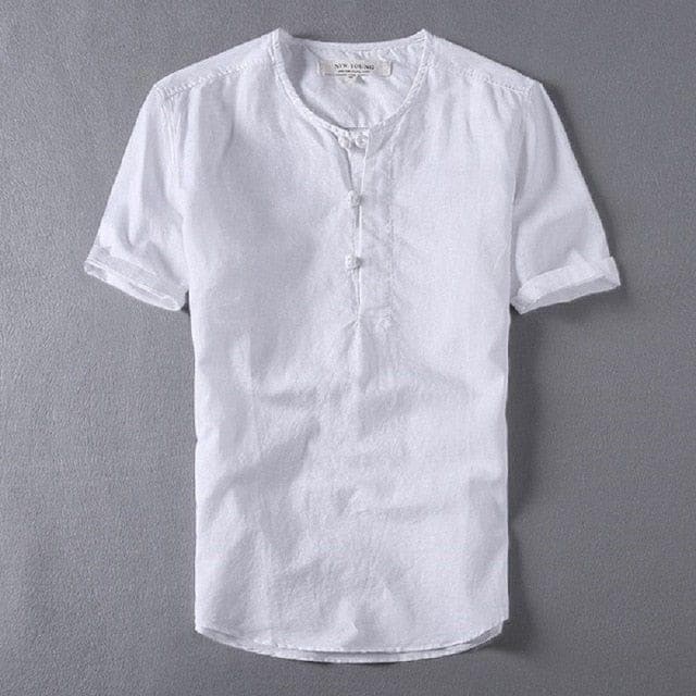 Mens Shirts Fashion Summer Short Sleeve Slim Linen Shirts Male White Color Casual Shirts - Premium MEN T-SHIRT from eprolo - Just $38.99! Shop now at Handbags Specialist Headquarter