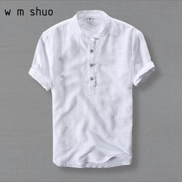 Mens Shirts Fashion Summer Short Sleeve Slim Linen Shirts Male White Color Casual Shirts - Premium MEN T-SHIRT from eprolo - Just $38.99! Shop now at Handbags Specialist Headquarter