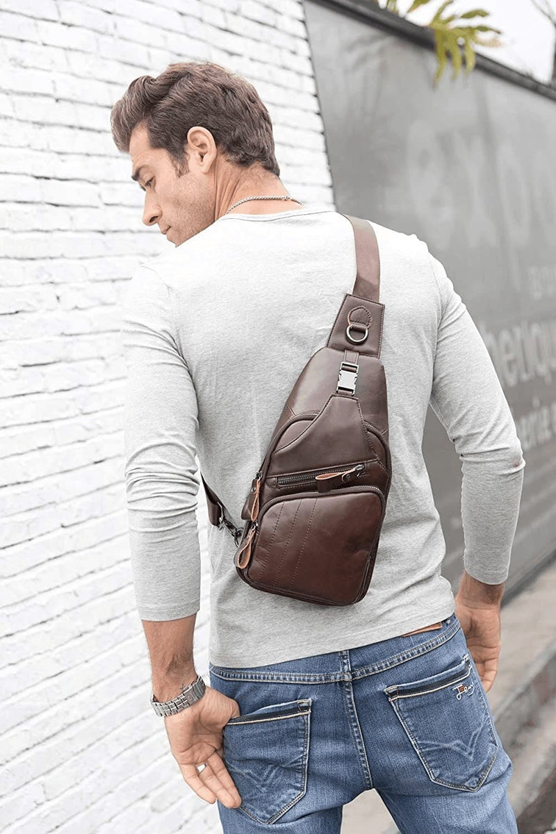 Men'S Sling Bag Genuine Leather Chest Shoulder Backpack Cross Body Purse Water Resistant anti Theft - Premium  from WeeDee - Just $59.34! Shop now at Handbags Specialist Headquarter