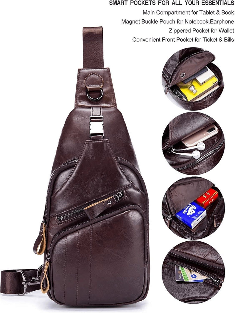 Men'S Sling Bag Genuine Leather Chest Shoulder Backpack Cross Body Purse Water Resistant anti Theft - Premium  from WeeDee - Just $59.34! Shop now at Handbags Specialist Headquarter
