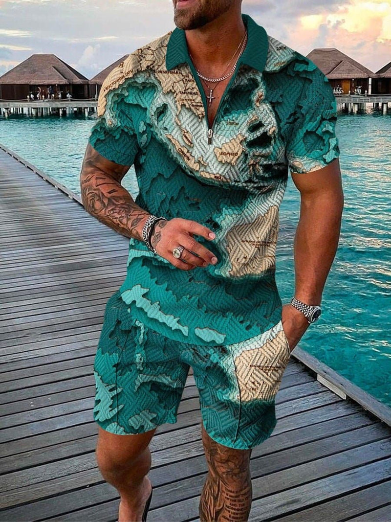 New Men's Fashion Casual Suit 3D Print Zip Short Sleeve Polo Shirt Shorts 2 Piece Set - Premium Men t-shirt from eprolo - Just $29.99! Shop now at Handbags Specialist Headquarter