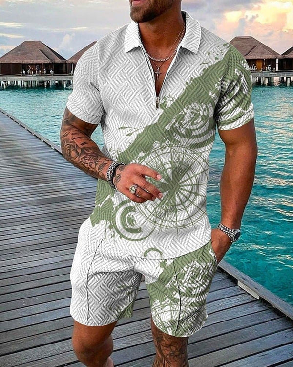 New Men's Fashion Casual Suit 3D Print Zip Short Sleeve Polo Shirt Shorts 2 Piece Set - Handbags Specialist Headquarter