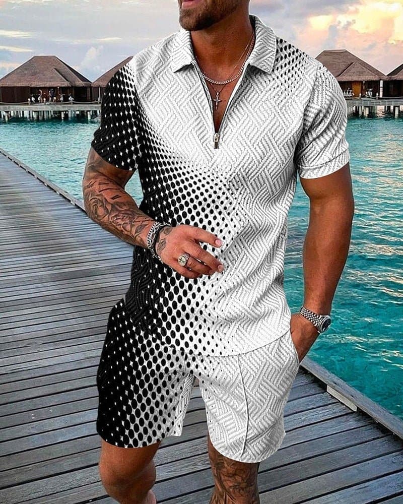 New Men's Fashion Casual Suit 3D Print Zip Short Sleeve Polo Shirt Shorts 2 Piece Set - Handbags Specialist Headquarter