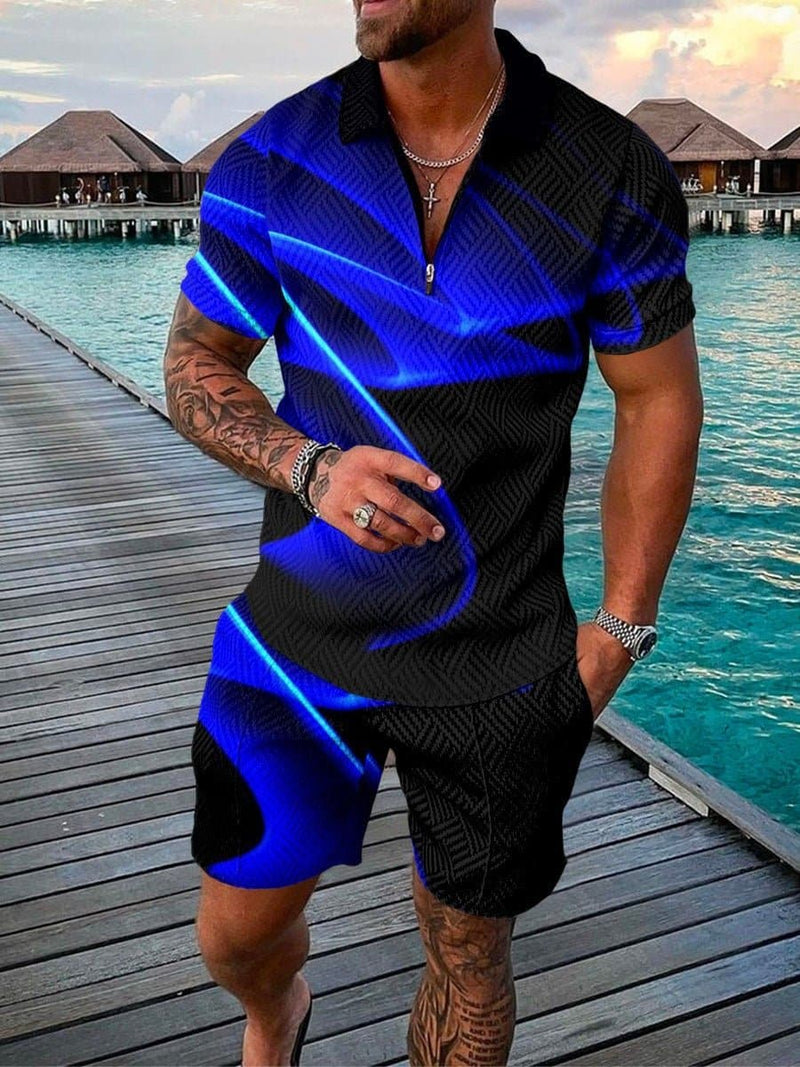 New Men's Fashion Casual Suit 3D Print Zip Short Sleeve Polo Shirt Shorts 2 Piece Set - Premium Men t-shirt from eprolo - Just $29.99! Shop now at Handbags Specialist Headquarter