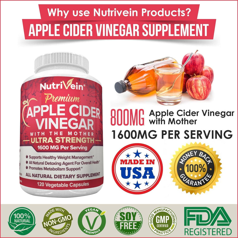Nutrivein Apple Cider Vinegar Capsules with Mother 1600mg - 120 Vegan Pills - Supports Healthy Weight Loss, Diet, Detox, Digestion, Keto, Cleanser - Blood Sugar & Immune System - ACV Raw Supplement - Premium health from Nutrivein - Just $30.54! Shop now at Handbags Specialist Headquarter