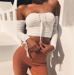Off Shoulder Crop Tops Casual Ruched Pleated White T-shirt Women Short Sleeve Cropped Tshirt for Women Clothing - Premium Women's T Shirt from eprolo - Just $23.14! Shop now at Handbags Specialist Headquarter
