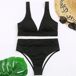 Peachtan Sexy solid ribbed bikinis 2021 mujer High waist swimsuit women V neck swimwear female Sport bathing suit Stripe biquini - Premium Women swimsuit from eprolo - Just $21.82! Shop now at Handbags Specialist Headquarter