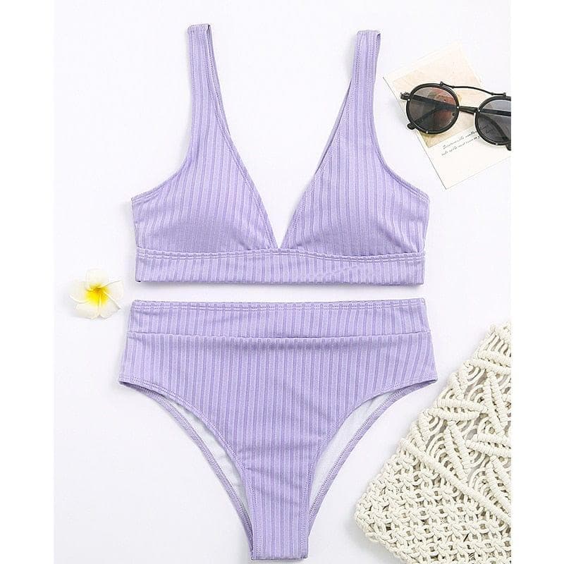 Peachtan Sexy solid ribbed bikinis 2021 mujer High waist swimsuit women V neck swimwear female Sport bathing suit Stripe biquini - Premium Women swimsuit from eprolo - Just $21.82! Shop now at Handbags Specialist Headquarter