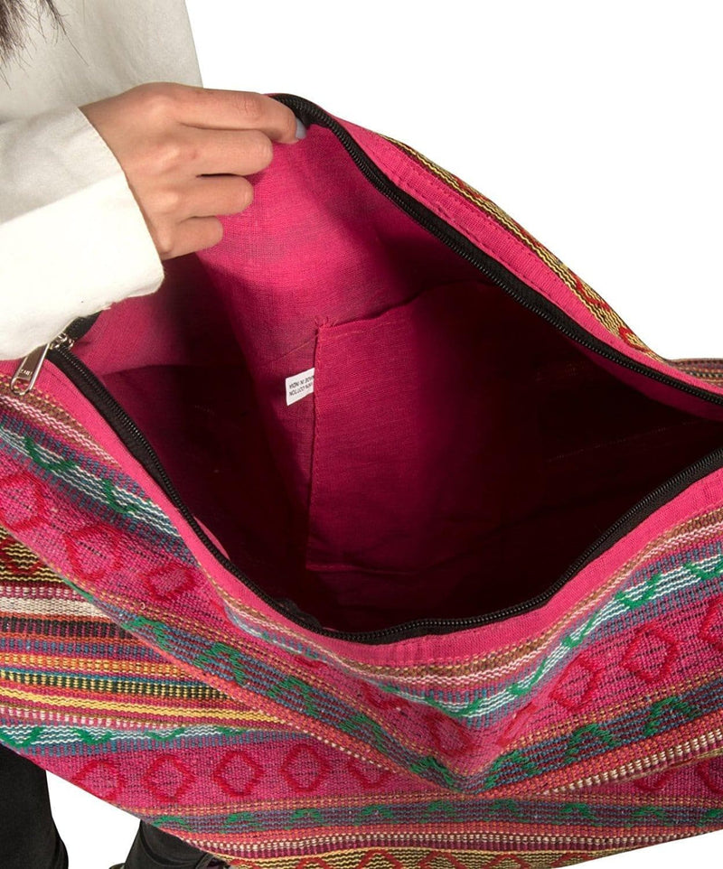 Pink Jacquard Cotton Baguette Shoulder Travel Canvas Tote Bag Hobo Style Casual Market Purse Handbag - Premium Handbags from Tribe Azure - Just $33.10! Shop now at Handbags Specialist Headquarter