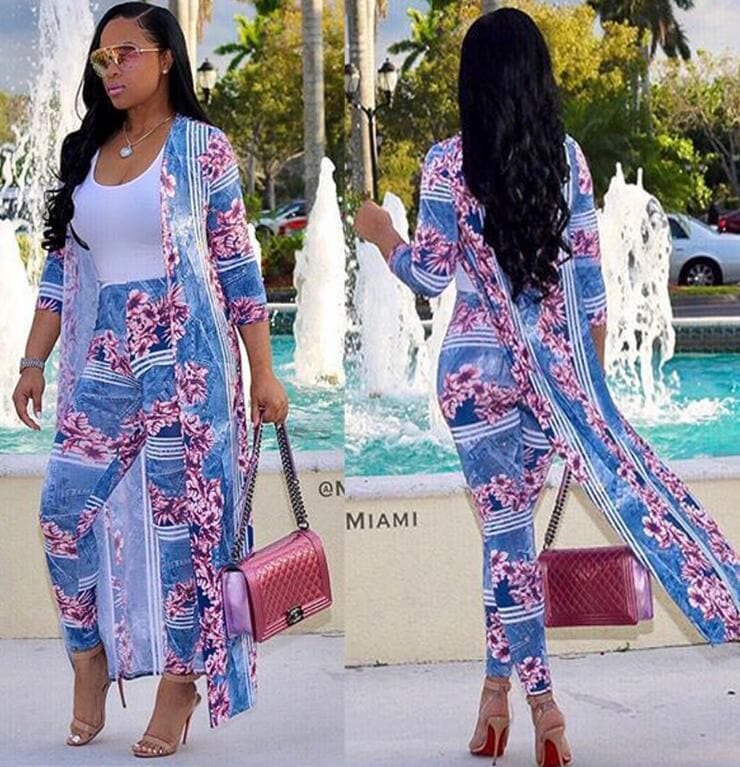 Plus Size Sexy two Piece Set Women clothes Cardigan Cloak Long Top And Bodycon Pant Matching Sets - Premium Women Suit from eprolo - Just $37.64! Shop now at Handbags Specialist Headquarter
