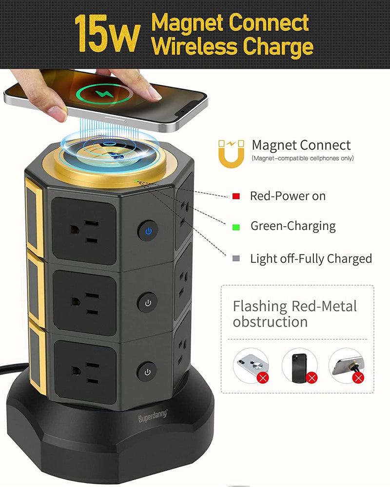Power Strip Tower, SUPERDANNY Surge Protector Tower with 15W Magnetic Wireless Charger, 1050J, 13A Charging Station with 12 AC Outlets & 6 USB Ports, 6.5ft Extension Cord for Home Office, Gold - Handbags Specialist Headquarter