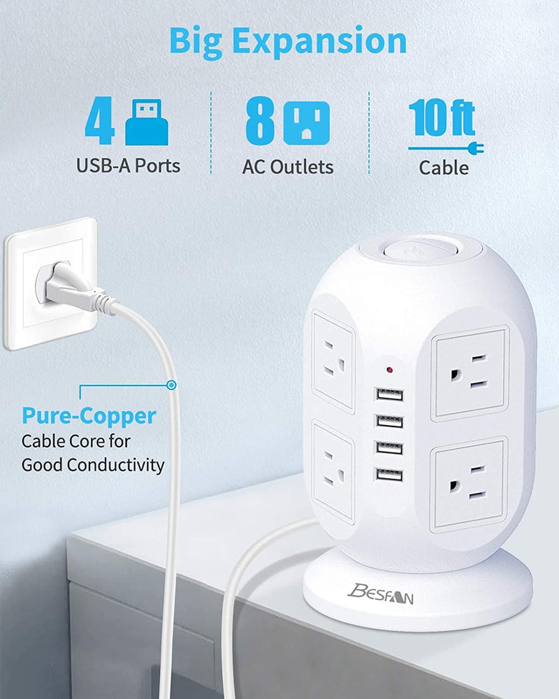 Power Strip Tower with USB Ports, BESFAN Surge Protector Tower with 8 AC Outlets 4 USB Chargers, Multiple Outlets with Long Extension Cord 10 ft & Circuit Breaker, Dorm Essentials, Desk Accessories - Premium DESK ACCESSORIES from Brand: BESFAN - Just $37.99! Shop now at Handbags Specialist Headquarter