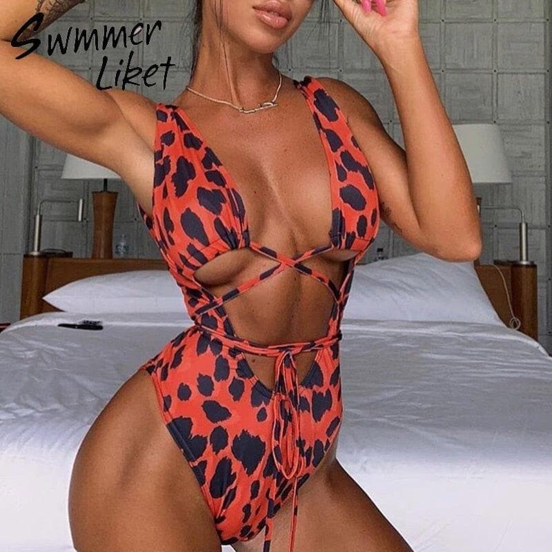 Red leopard swimsuit one piece Bandage sexy bikini 2019 Push up swimwear women string monokini High cut bathing suit bodysuit - Handbags Specialist Headquarter