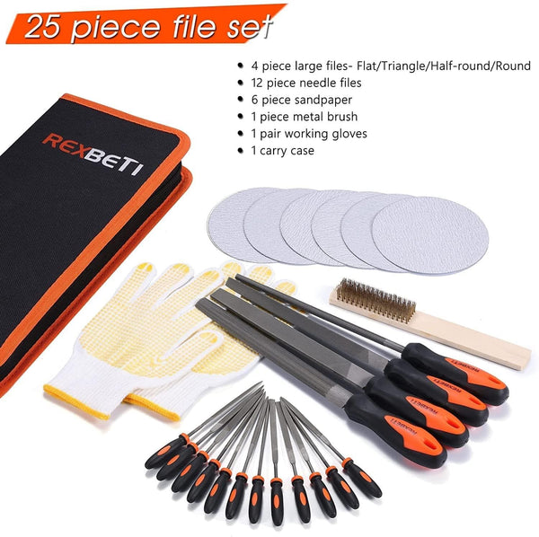 REXBETI 25Pcs Metal File Set, Premium Grade T12 Drop Forged Alloy Steel, Flat/Triangle/Half-round/Round Large File and 12pcs Needle Files with Carry Case, 6pcs Sandpaper, a brush,a pair working gloves - Premium tools from Visit the REXBETI Store - Just $39.99! Shop now at Handbags Specialist Headquarter