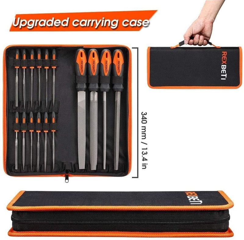 REXBETI 25Pcs Metal File Set, Premium Grade T12 Drop Forged Alloy Steel, Flat/Triangle/Half-round/Round Large File and 12pcs Needle Files with Carry Case, 6pcs Sandpaper, a brush,a pair working gloves - Premium tools from Visit the REXBETI Store - Just $39.99! Shop now at Handbags Specialist Headquarter