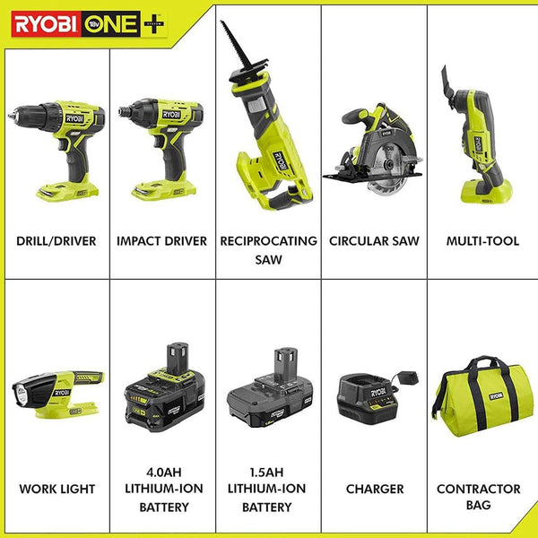 RYOBI P1819 18V One+ Lithium Ion Combo Kit (6 Tools: Drill/Driver, Impact Driver, Reciprocating Saw, Circular Saw, Multi-Tool, LED Worklight, 4.0 Ah & 1.5 Ah Battery, Charger, Bag) - Premium tool from Brand: RYOBI - Just $299.49! Shop now at Handbags Specialist Headquarter