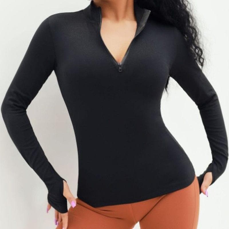 SALSPOR Sexy Women Yoga Top Sport Zipper Long Sleeve Yoga Shirt With Thumb Holes Solid Quick Dry Breathable Gym Fitness Shirt - Premium Women's T Shirt from eprolo - Just $22.88! Shop now at Handbags Specialist Headquarter
