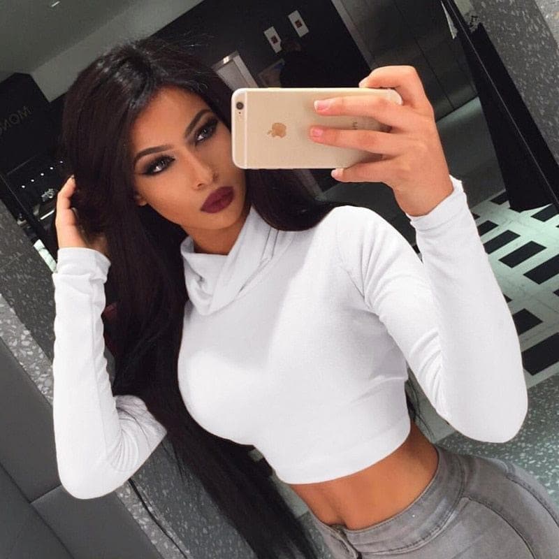 Sexy T Shirt Women Long Sleeve Turtleneck Casual Slim Crop Tops Solid Shirt Skinny Clubwear Short Top - Premium Women's T Shirt from eprolo - Just $17.42! Shop now at Handbags Specialist Headquarter