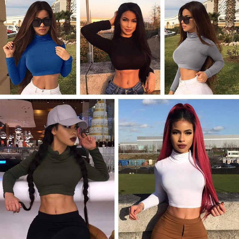 Sexy T Shirt Women Long Sleeve Turtleneck Casual Slim Crop Tops Solid Shirt Skinny Clubwear Short Top - Premium Women's T Shirt from eprolo - Just $17.42! Shop now at Handbags Specialist Headquarter