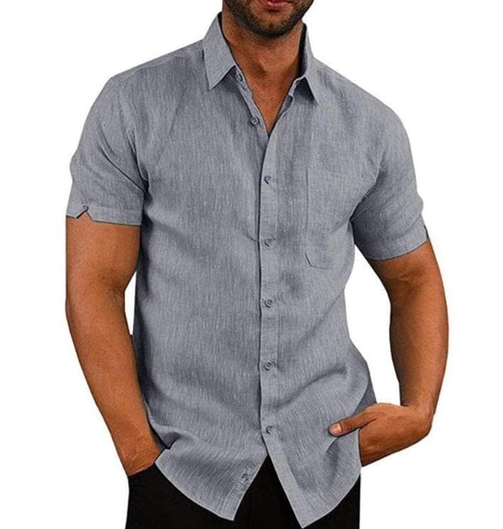 Short Sleeve Shirt Men Lapel Neck Button Pockets Solid Male Blouse Tops Men Brand Clothes - Premium MEN T-SHIRT from eprolo - Just $27.50! Shop now at Handbags Specialist Headquarter