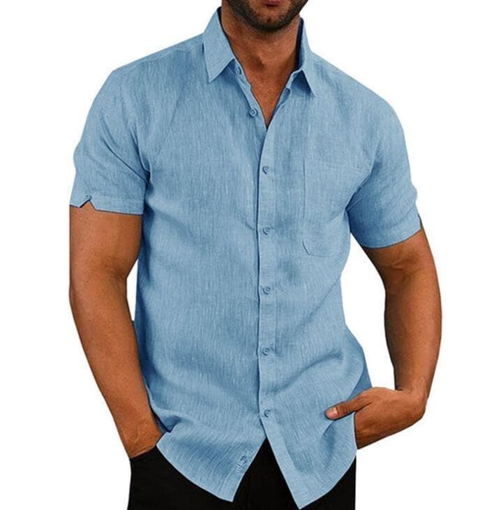Short Sleeve Shirt Men Lapel Neck Button Pockets Solid Male Blouse Tops Men Brand Clothes - Premium MEN T-SHIRT from eprolo - Just $27.50! Shop now at Handbags Specialist Headquarter