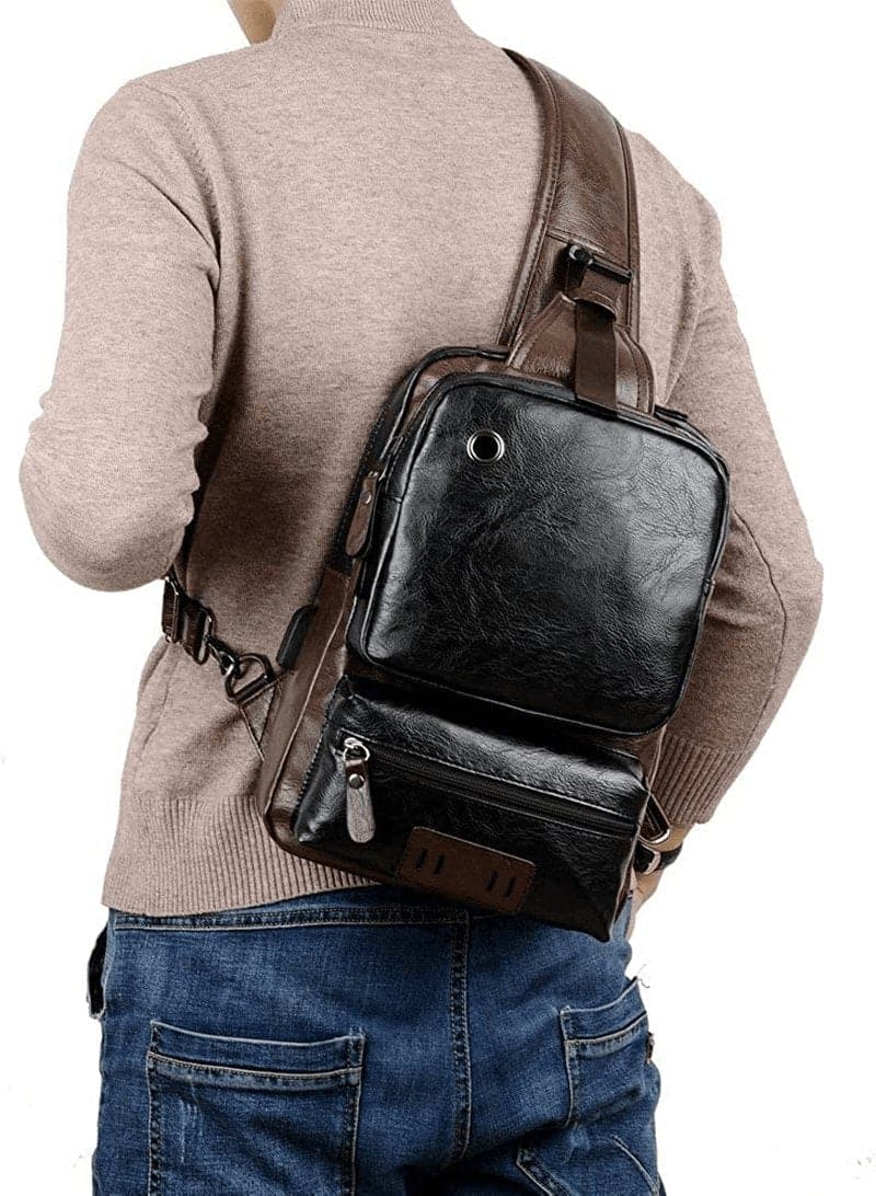 Small Black Sling Crossbody Backpack Shoulder Bag for Men Women Vintage PU Leather Sling Backpack Cycling USB Charger - Premium  from SDIYABOLO - Just $51.23! Shop now at Handbags Specialist Headquarter
