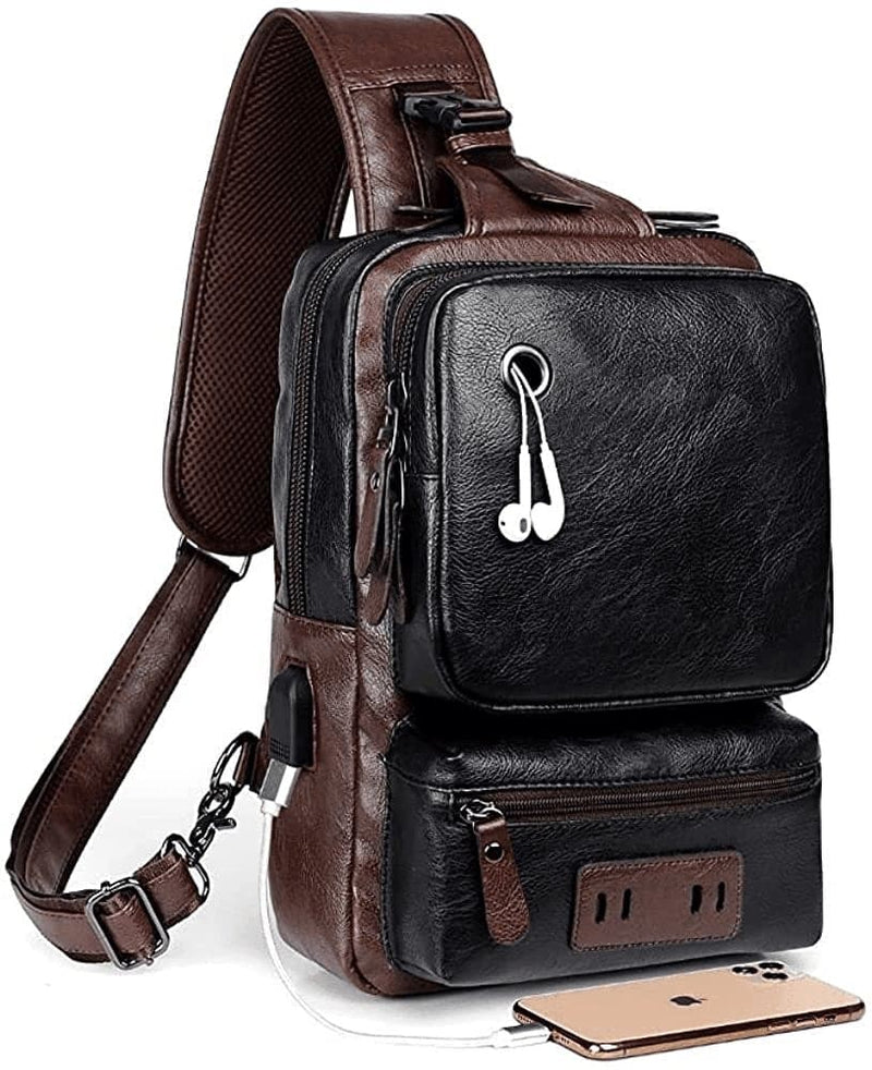 Small Black Sling Crossbody Backpack Shoulder Bag for Men Women Vintage PU Leather Sling Backpack Cycling USB Charger - Premium  from SDIYABOLO - Just $51.23! Shop now at Handbags Specialist Headquarter