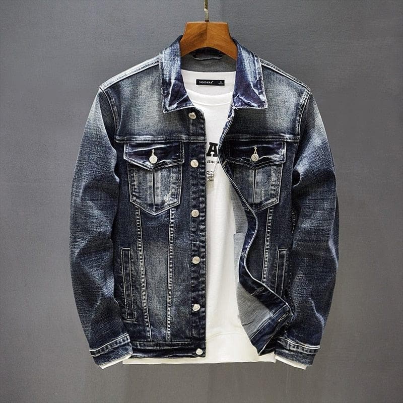 Spring Autumn Men Elasticity Denim Jacket Skinny Fashion Casual Coat  Washed Retro Bleached Streetwear Motorcycle Jacket - Premium MEN T-SHIRT from eprolo - Just $42.98! Shop now at Handbags Specialist Headquarter