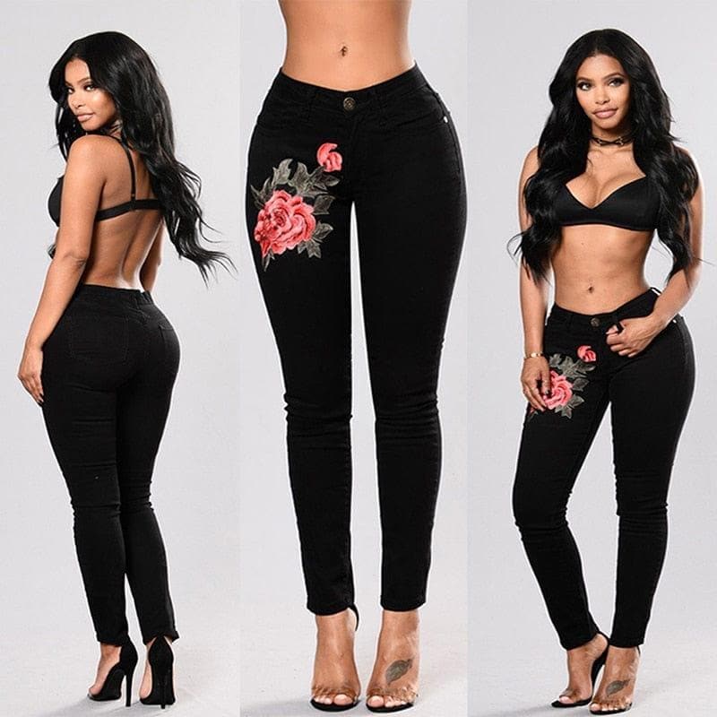 Stretch Embroidered Jeans For Women Elastic Flower Jeans Female Slim Denim Pants Hole Ripped Rose Pattern Jeans Pantalon Femme - Premium Women jeans from eprolo - Just $34.66! Shop now at Handbags Specialist Headquarter