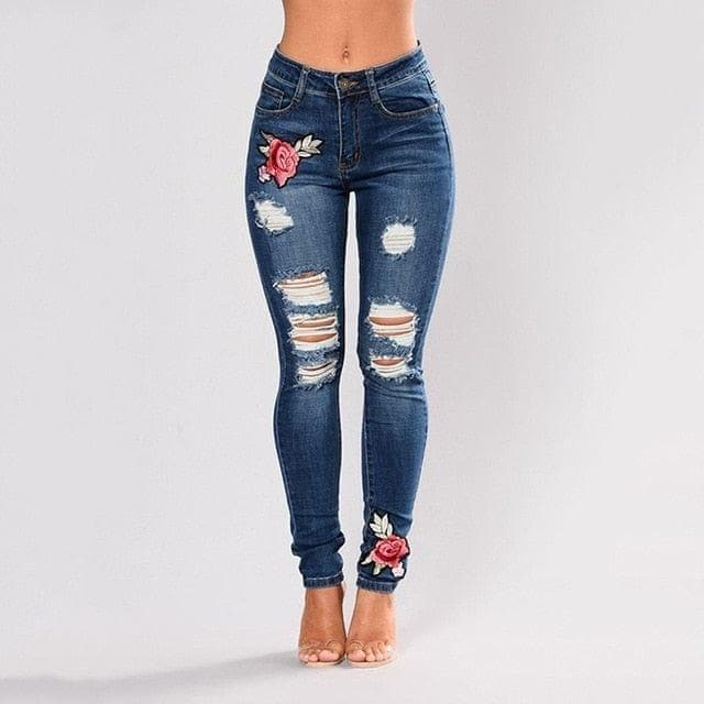 Stretch Embroidered Jeans For Women Elastic Flower Jeans Female Slim Denim Pants Hole Ripped Rose Pattern Jeans Pantalon Femme - Premium Women jeans from eprolo - Just $34.66! Shop now at Handbags Specialist Headquarter
