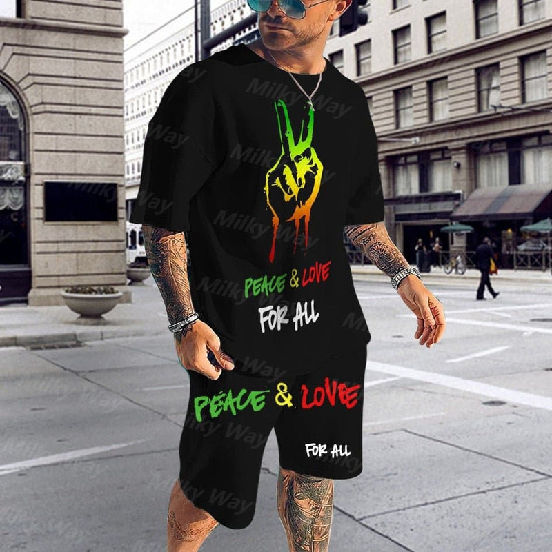 Summer Men's Tracksuit Bob Marley Reggae Music T-Shirt Shorts Set Casual Suit Fashion Outfit Male Oversized Streetwear One Love - Premium T-Shirt Shorts Set from eprolo - Just $32.99! Shop now at Handbags Specialist Headquarter