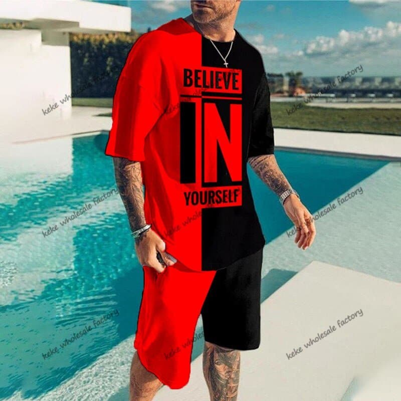 Summer Stitching Color Tracksuit Oversized Men's Sets Trend Sportswear Casual Short-Sleeves T-Shirt+Shorts 2 Piece Suit Clothes - Handbags Specialist Headquarter
