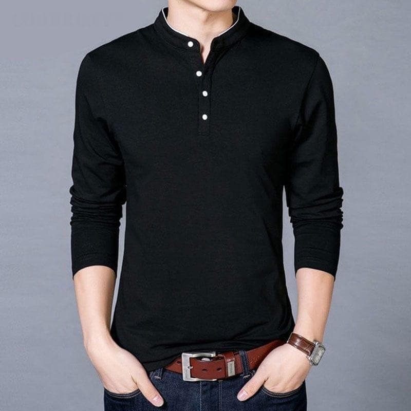T-Shirt Men Spring Autumn New Cotton T Shirt Men Solid Color Chinese Style Mandarin Collar Long Sleeve Top Tee - Premium MEN T-SHIRT from eprolo - Just $25.36! Shop now at Handbags Specialist Headquarter
