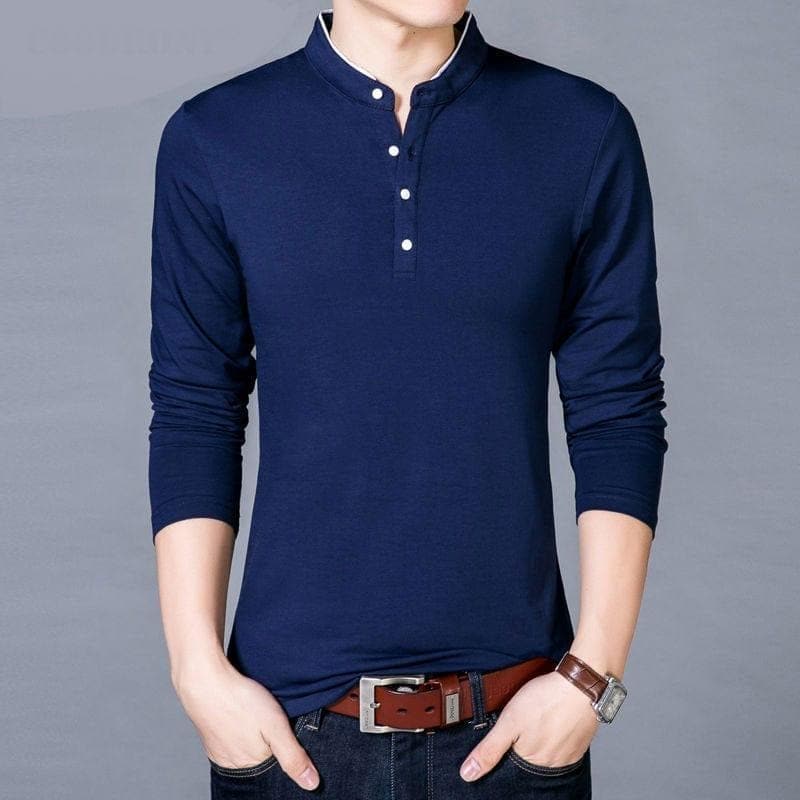 T-Shirt Men Spring Autumn New Cotton T Shirt Men Solid Color Chinese Style Mandarin Collar Long Sleeve Top Tee - Premium MEN T-SHIRT from eprolo - Just $25.36! Shop now at Handbags Specialist Headquarter